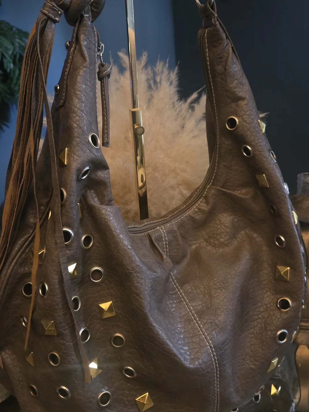 Y2K Brown Studded Grommet Fringe Hobo Bag Boho Rocker